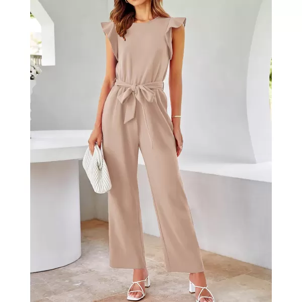 imageBTFBM Women Jumpsuits Crew Neck Ruffle Cap Sleeve Belted High Waist Wide Leg Romper with Pockets One Piece Casual OutfitsSolid Apricot