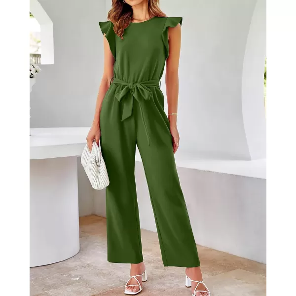 imageBTFBM Women Jumpsuits Crew Neck Ruffle Cap Sleeve Belted High Waist Wide Leg Romper with Pockets One Piece Casual OutfitsSolid Army Green