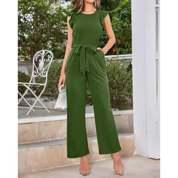 imageBTFBM Women Jumpsuits Crew Neck Ruffle Cap Sleeve Belted High Waist Wide Leg Romper with Pockets One Piece Casual OutfitsSolid Army Green