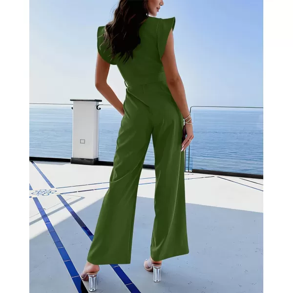 imageBTFBM Women Jumpsuits Crew Neck Ruffle Cap Sleeve Belted High Waist Wide Leg Romper with Pockets One Piece Casual OutfitsSolid Army Green