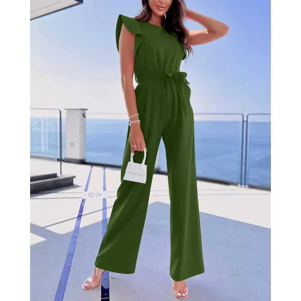 imageBTFBM Women Jumpsuits Crew Neck Ruffle Cap Sleeve Belted High Waist Wide Leg Romper with Pockets One Piece Casual OutfitsSolid Army Green
