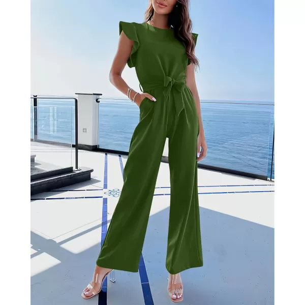 imageBTFBM Women Jumpsuits Crew Neck Ruffle Cap Sleeve Belted High Waist Wide Leg Romper with Pockets One Piece Casual OutfitsSolid Army Green