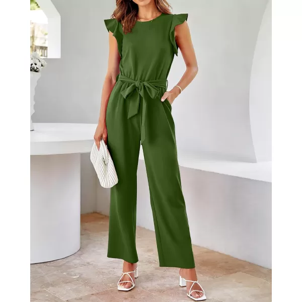 imageBTFBM Women Jumpsuits Crew Neck Ruffle Cap Sleeve Belted High Waist Wide Leg Romper with Pockets One Piece Casual OutfitsSolid Army Green