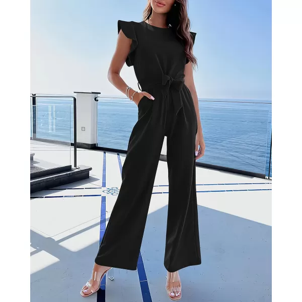imageBTFBM Women Jumpsuits Crew Neck Ruffle Cap Sleeve Belted High Waist Wide Leg Romper with Pockets One Piece Casual OutfitsSolid Black