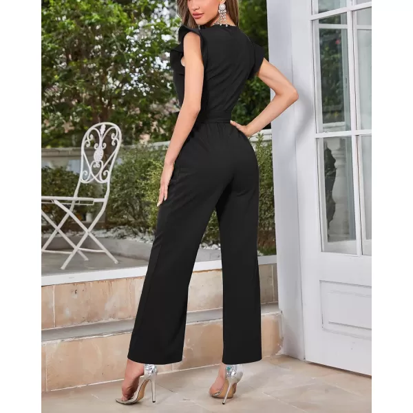 imageBTFBM Women Jumpsuits Crew Neck Ruffle Cap Sleeve Belted High Waist Wide Leg Romper with Pockets One Piece Casual OutfitsSolid Black