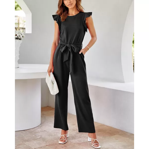 imageBTFBM Women Jumpsuits Crew Neck Ruffle Cap Sleeve Belted High Waist Wide Leg Romper with Pockets One Piece Casual OutfitsSolid Black