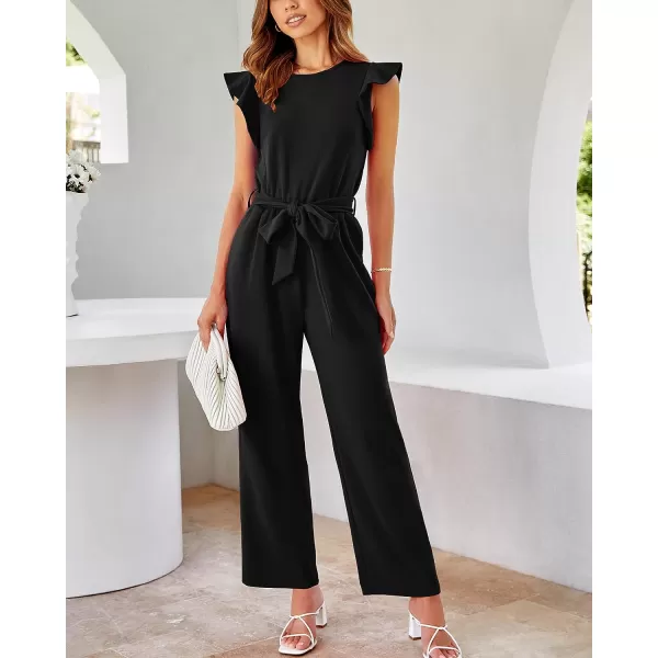 imageBTFBM Women Jumpsuits Crew Neck Ruffle Cap Sleeve Belted High Waist Wide Leg Romper with Pockets One Piece Casual OutfitsSolid Black