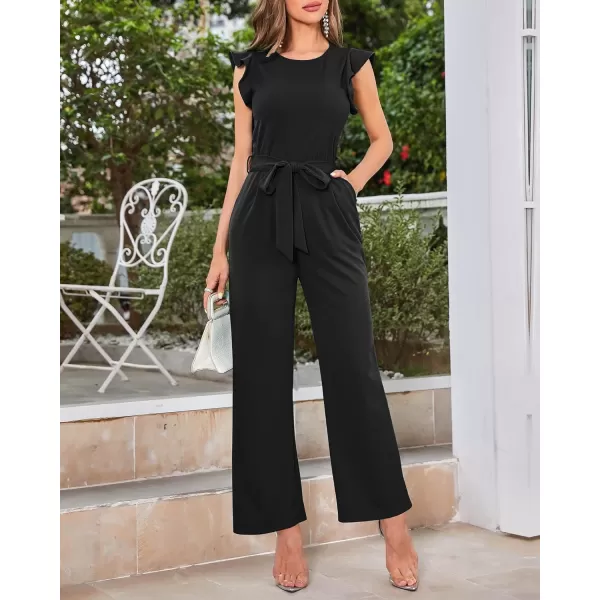 imageBTFBM Women Jumpsuits Crew Neck Ruffle Cap Sleeve Belted High Waist Wide Leg Romper with Pockets One Piece Casual OutfitsSolid Black