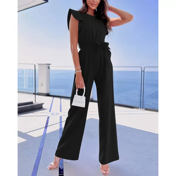 imageBTFBM Women Jumpsuits Crew Neck Ruffle Cap Sleeve Belted High Waist Wide Leg Romper with Pockets One Piece Casual OutfitsSolid Black