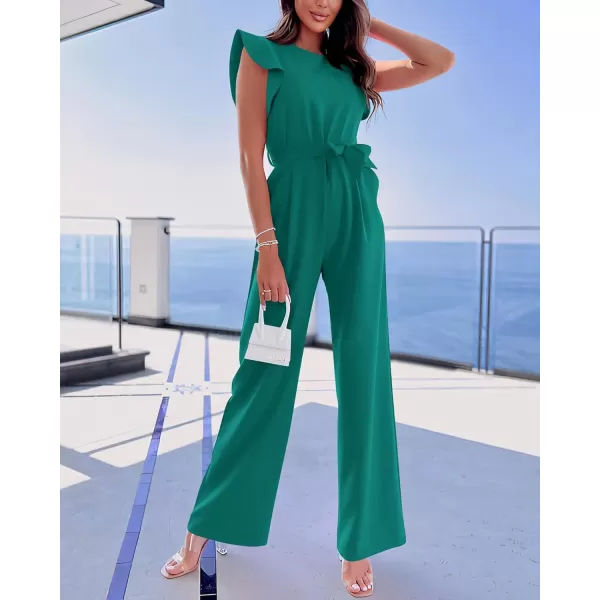 imageBTFBM Women Jumpsuits Crew Neck Ruffle Cap Sleeve Belted High Waist Wide Leg Romper with Pockets One Piece Casual OutfitsSolid Blue Green