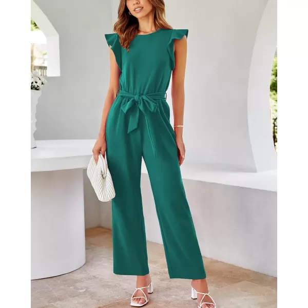 imageBTFBM Women Jumpsuits Crew Neck Ruffle Cap Sleeve Belted High Waist Wide Leg Romper with Pockets One Piece Casual OutfitsSolid Blue Green