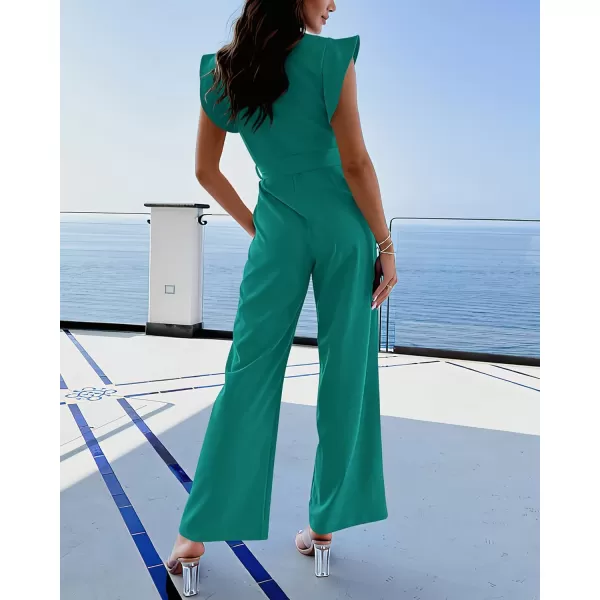 imageBTFBM Women Jumpsuits Crew Neck Ruffle Cap Sleeve Belted High Waist Wide Leg Romper with Pockets One Piece Casual OutfitsSolid Blue Green