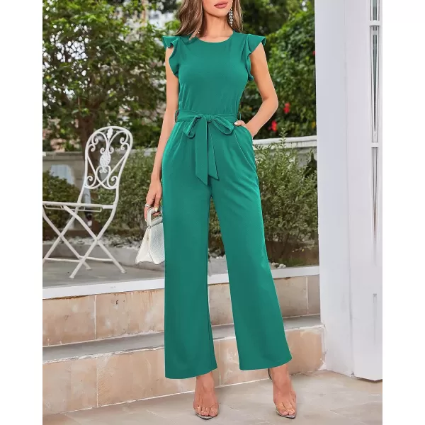 imageBTFBM Women Jumpsuits Crew Neck Ruffle Cap Sleeve Belted High Waist Wide Leg Romper with Pockets One Piece Casual OutfitsSolid Blue Green