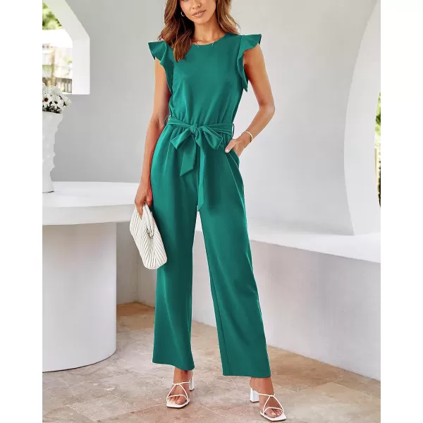 imageBTFBM Women Jumpsuits Crew Neck Ruffle Cap Sleeve Belted High Waist Wide Leg Romper with Pockets One Piece Casual OutfitsSolid Blue Green