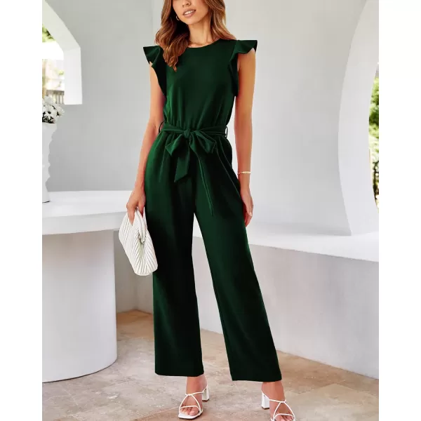 imageBTFBM Women Jumpsuits Crew Neck Ruffle Cap Sleeve Belted High Waist Wide Leg Romper with Pockets One Piece Casual OutfitsSolid Dark Green