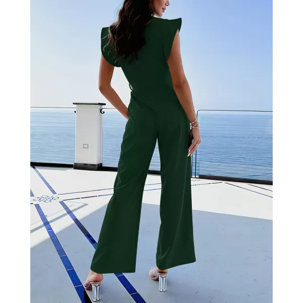 imageBTFBM Women Jumpsuits Crew Neck Ruffle Cap Sleeve Belted High Waist Wide Leg Romper with Pockets One Piece Casual OutfitsSolid Dark Green