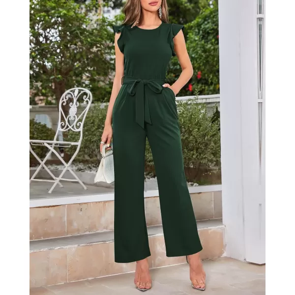 imageBTFBM Women Jumpsuits Crew Neck Ruffle Cap Sleeve Belted High Waist Wide Leg Romper with Pockets One Piece Casual OutfitsSolid Dark Green