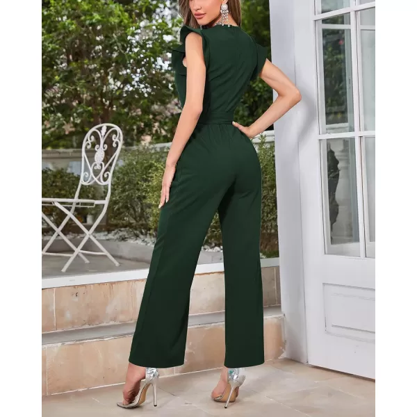 imageBTFBM Women Jumpsuits Crew Neck Ruffle Cap Sleeve Belted High Waist Wide Leg Romper with Pockets One Piece Casual OutfitsSolid Dark Green