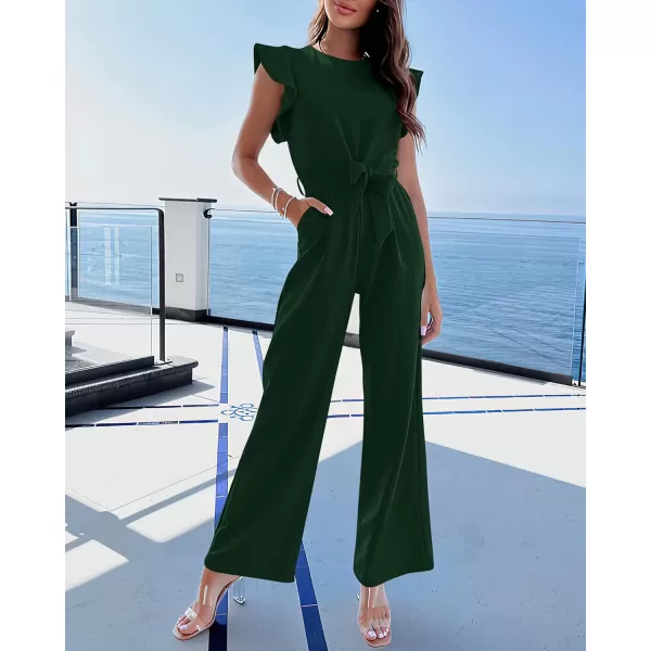 imageBTFBM Women Jumpsuits Crew Neck Ruffle Cap Sleeve Belted High Waist Wide Leg Romper with Pockets One Piece Casual OutfitsSolid Dark Green