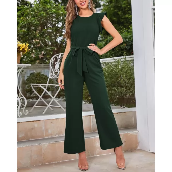 imageBTFBM Women Jumpsuits Crew Neck Ruffle Cap Sleeve Belted High Waist Wide Leg Romper with Pockets One Piece Casual OutfitsSolid Dark Green