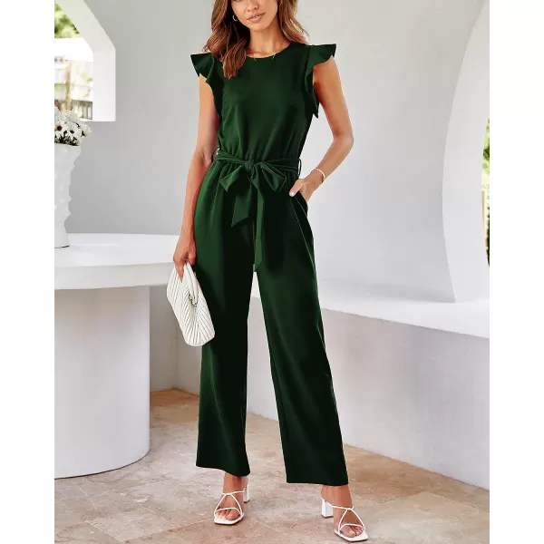 imageBTFBM Women Jumpsuits Crew Neck Ruffle Cap Sleeve Belted High Waist Wide Leg Romper with Pockets One Piece Casual OutfitsSolid Dark Green