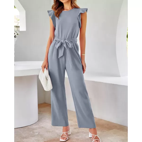 imageBTFBM Women Jumpsuits Crew Neck Ruffle Cap Sleeve Belted High Waist Wide Leg Romper with Pockets One Piece Casual OutfitsSolid Grey