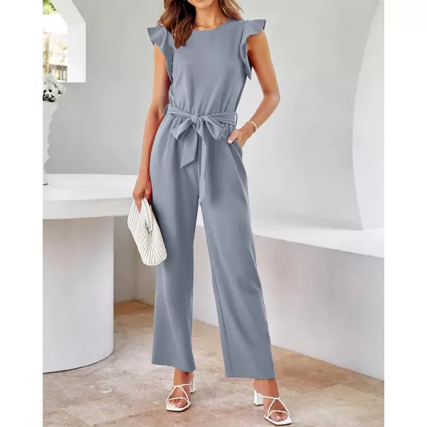 imageBTFBM Women Jumpsuits Crew Neck Ruffle Cap Sleeve Belted High Waist Wide Leg Romper with Pockets One Piece Casual OutfitsSolid Grey