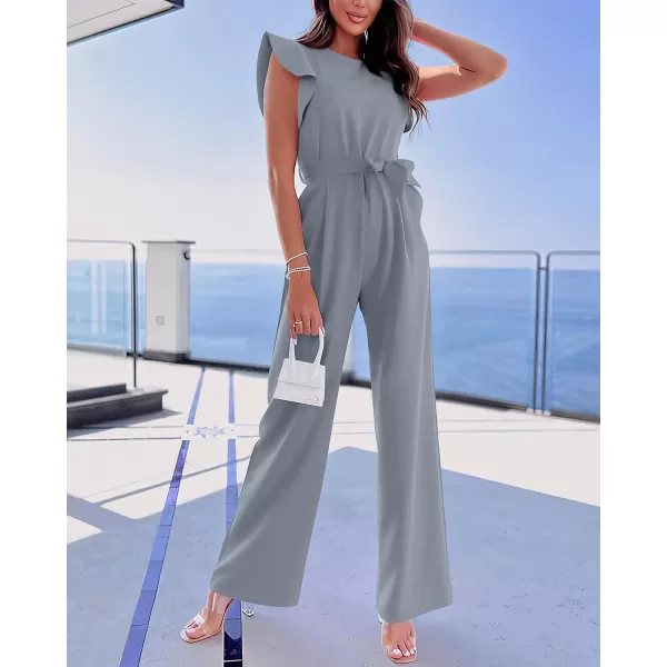 imageBTFBM Women Jumpsuits Crew Neck Ruffle Cap Sleeve Belted High Waist Wide Leg Romper with Pockets One Piece Casual OutfitsSolid Grey