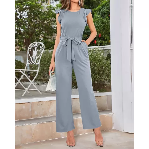 imageBTFBM Women Jumpsuits Crew Neck Ruffle Cap Sleeve Belted High Waist Wide Leg Romper with Pockets One Piece Casual OutfitsSolid Grey
