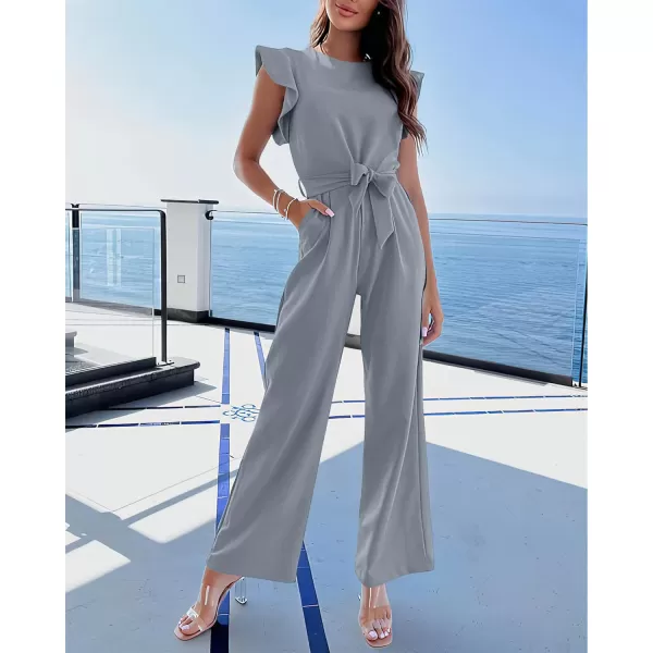 imageBTFBM Women Jumpsuits Crew Neck Ruffle Cap Sleeve Belted High Waist Wide Leg Romper with Pockets One Piece Casual OutfitsSolid Grey