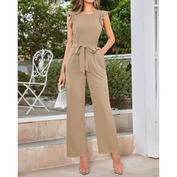 imageBTFBM Women Jumpsuits Crew Neck Ruffle Cap Sleeve Belted High Waist Wide Leg Romper with Pockets One Piece Casual OutfitsSolid Khaki