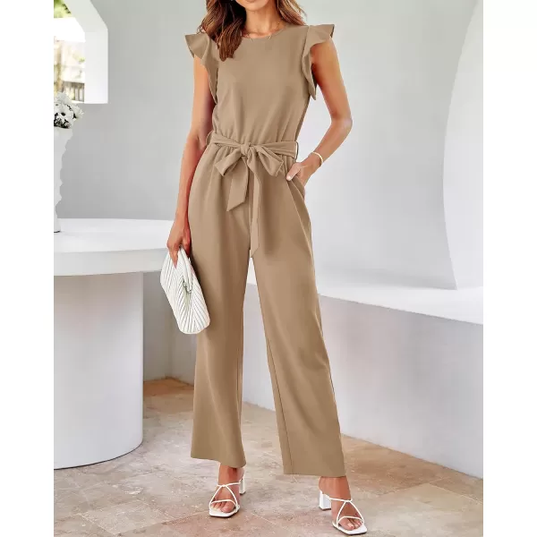 imageBTFBM Women Jumpsuits Crew Neck Ruffle Cap Sleeve Belted High Waist Wide Leg Romper with Pockets One Piece Casual OutfitsSolid Khaki