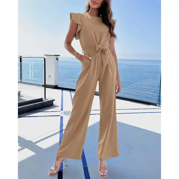 imageBTFBM Women Jumpsuits Crew Neck Ruffle Cap Sleeve Belted High Waist Wide Leg Romper with Pockets One Piece Casual OutfitsSolid Khaki