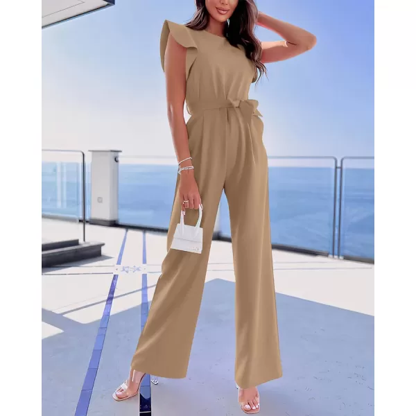 imageBTFBM Women Jumpsuits Crew Neck Ruffle Cap Sleeve Belted High Waist Wide Leg Romper with Pockets One Piece Casual OutfitsSolid Khaki