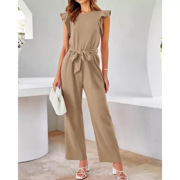 imageBTFBM Women Jumpsuits Crew Neck Ruffle Cap Sleeve Belted High Waist Wide Leg Romper with Pockets One Piece Casual OutfitsSolid Khaki