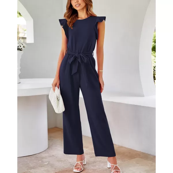 imageBTFBM Women Jumpsuits Crew Neck Ruffle Cap Sleeve Belted High Waist Wide Leg Romper with Pockets One Piece Casual OutfitsSolid Navy