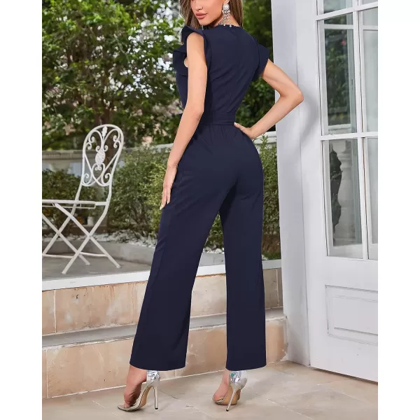imageBTFBM Women Jumpsuits Crew Neck Ruffle Cap Sleeve Belted High Waist Wide Leg Romper with Pockets One Piece Casual OutfitsSolid Navy