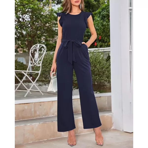 imageBTFBM Women Jumpsuits Crew Neck Ruffle Cap Sleeve Belted High Waist Wide Leg Romper with Pockets One Piece Casual OutfitsSolid Navy