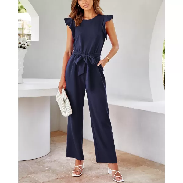 imageBTFBM Women Jumpsuits Crew Neck Ruffle Cap Sleeve Belted High Waist Wide Leg Romper with Pockets One Piece Casual OutfitsSolid Navy