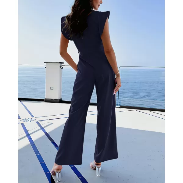imageBTFBM Women Jumpsuits Crew Neck Ruffle Cap Sleeve Belted High Waist Wide Leg Romper with Pockets One Piece Casual OutfitsSolid Navy