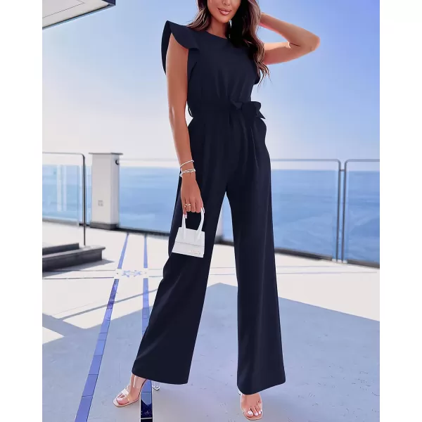 imageBTFBM Women Jumpsuits Crew Neck Ruffle Cap Sleeve Belted High Waist Wide Leg Romper with Pockets One Piece Casual OutfitsSolid Navy