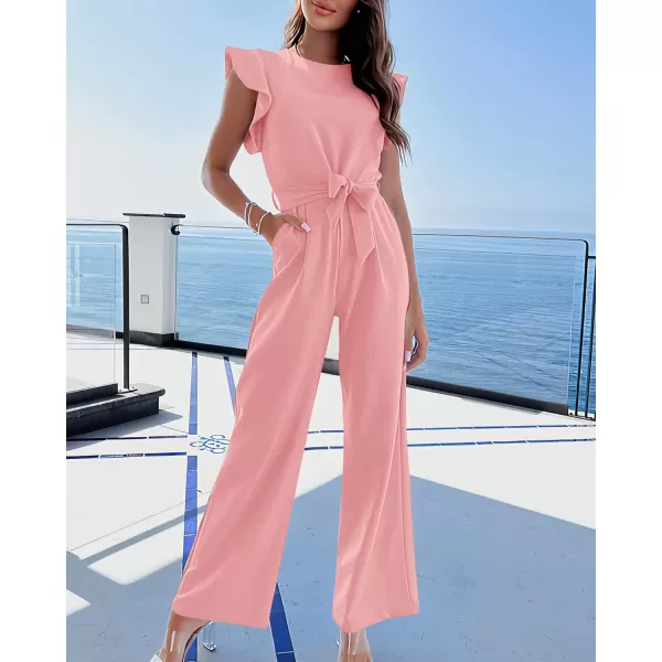 imageBTFBM Women Jumpsuits Crew Neck Ruffle Cap Sleeve Belted High Waist Wide Leg Romper with Pockets One Piece Casual OutfitsSolid Pink