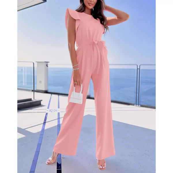 imageBTFBM Women Jumpsuits Crew Neck Ruffle Cap Sleeve Belted High Waist Wide Leg Romper with Pockets One Piece Casual OutfitsSolid Pink