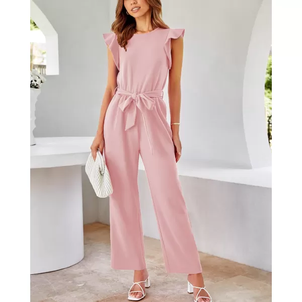 imageBTFBM Women Jumpsuits Crew Neck Ruffle Cap Sleeve Belted High Waist Wide Leg Romper with Pockets One Piece Casual OutfitsSolid Pink