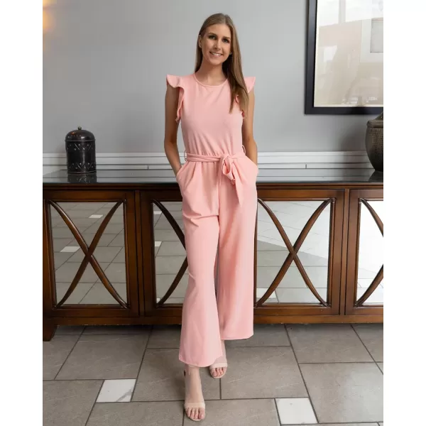 imageBTFBM Women Jumpsuits Crew Neck Ruffle Cap Sleeve Belted High Waist Wide Leg Romper with Pockets One Piece Casual OutfitsSolid Pink