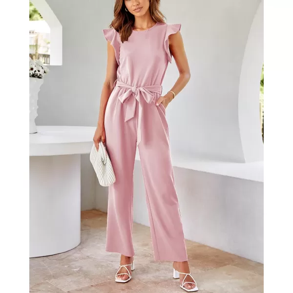 imageBTFBM Women Jumpsuits Crew Neck Ruffle Cap Sleeve Belted High Waist Wide Leg Romper with Pockets One Piece Casual OutfitsSolid Pink