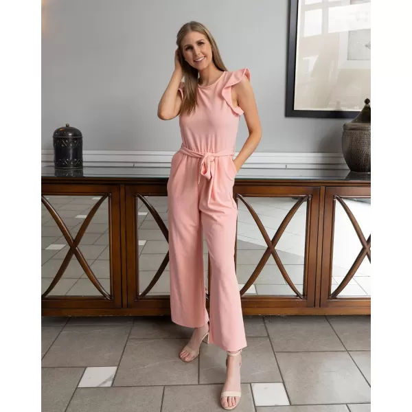 imageBTFBM Women Jumpsuits Crew Neck Ruffle Cap Sleeve Belted High Waist Wide Leg Romper with Pockets One Piece Casual OutfitsSolid Pink