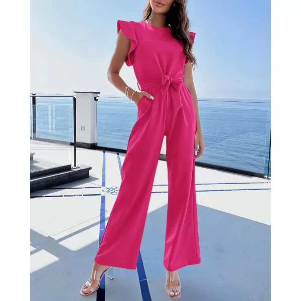imageBTFBM Women Jumpsuits Crew Neck Ruffle Cap Sleeve Belted High Waist Wide Leg Romper with Pockets One Piece Casual OutfitsSolid Rose Red