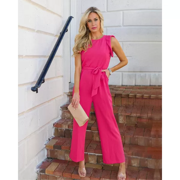imageBTFBM Women Jumpsuits Crew Neck Ruffle Cap Sleeve Belted High Waist Wide Leg Romper with Pockets One Piece Casual OutfitsSolid Rose Red