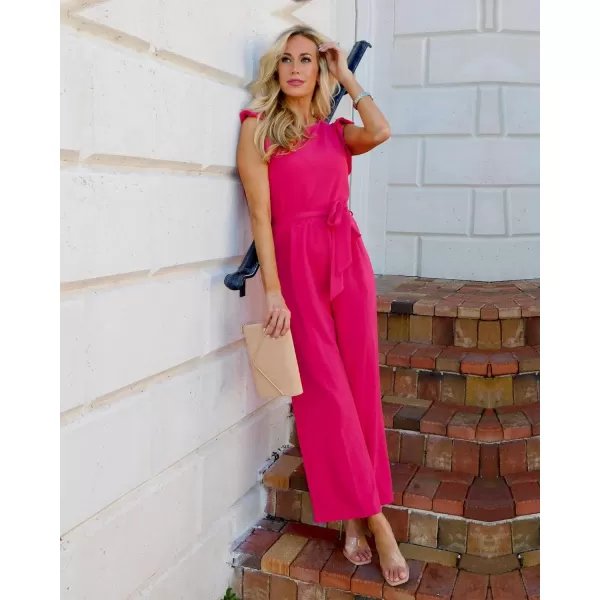 imageBTFBM Women Jumpsuits Crew Neck Ruffle Cap Sleeve Belted High Waist Wide Leg Romper with Pockets One Piece Casual OutfitsSolid Rose Red